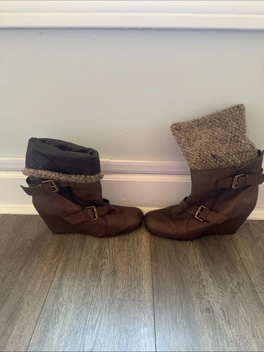 Vero Cuoio Brown Leather Wedge Boots with Knit Cuff and Buckle Detail